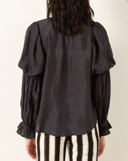 Person wearing Alix of Bohemia Mazie Onyx Silk Shirt