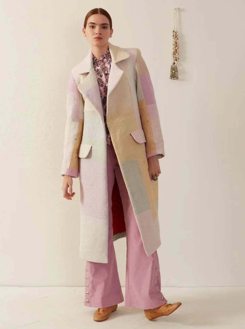 Person wearing Alix of Bohemia Officer Pastel Patchwork Kantha Coat