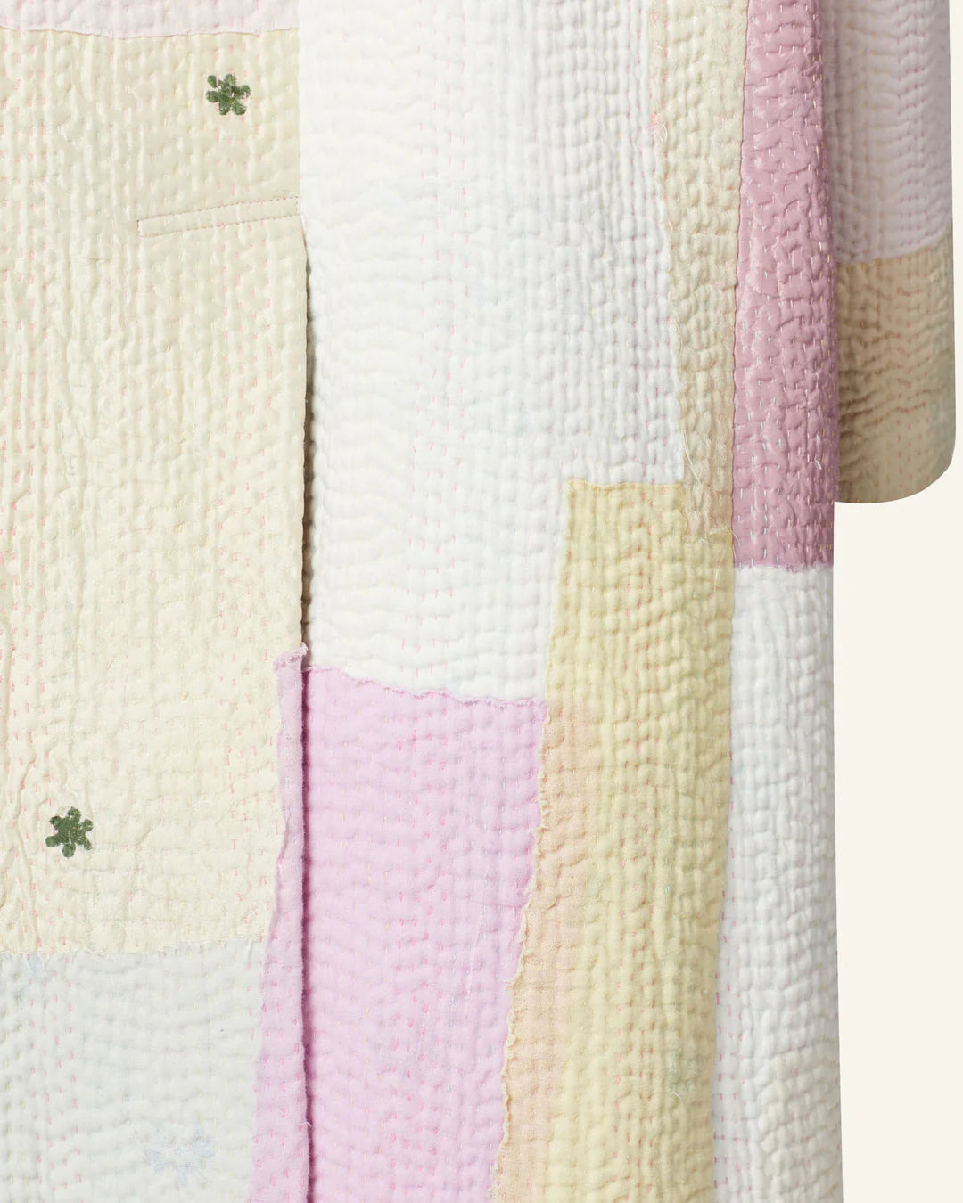 Detail of Alix of Bohemia Officer Pastel Patchwork Kantha Coat