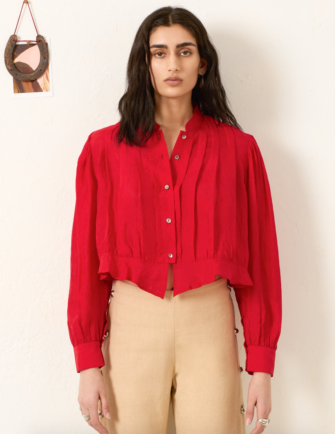 Person wearing Alix of Bohemia Ryland Scarlet Silk Shirt