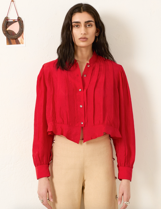 Person wearing Alix of Bohemia Ryland Scarlet Silk Shirt