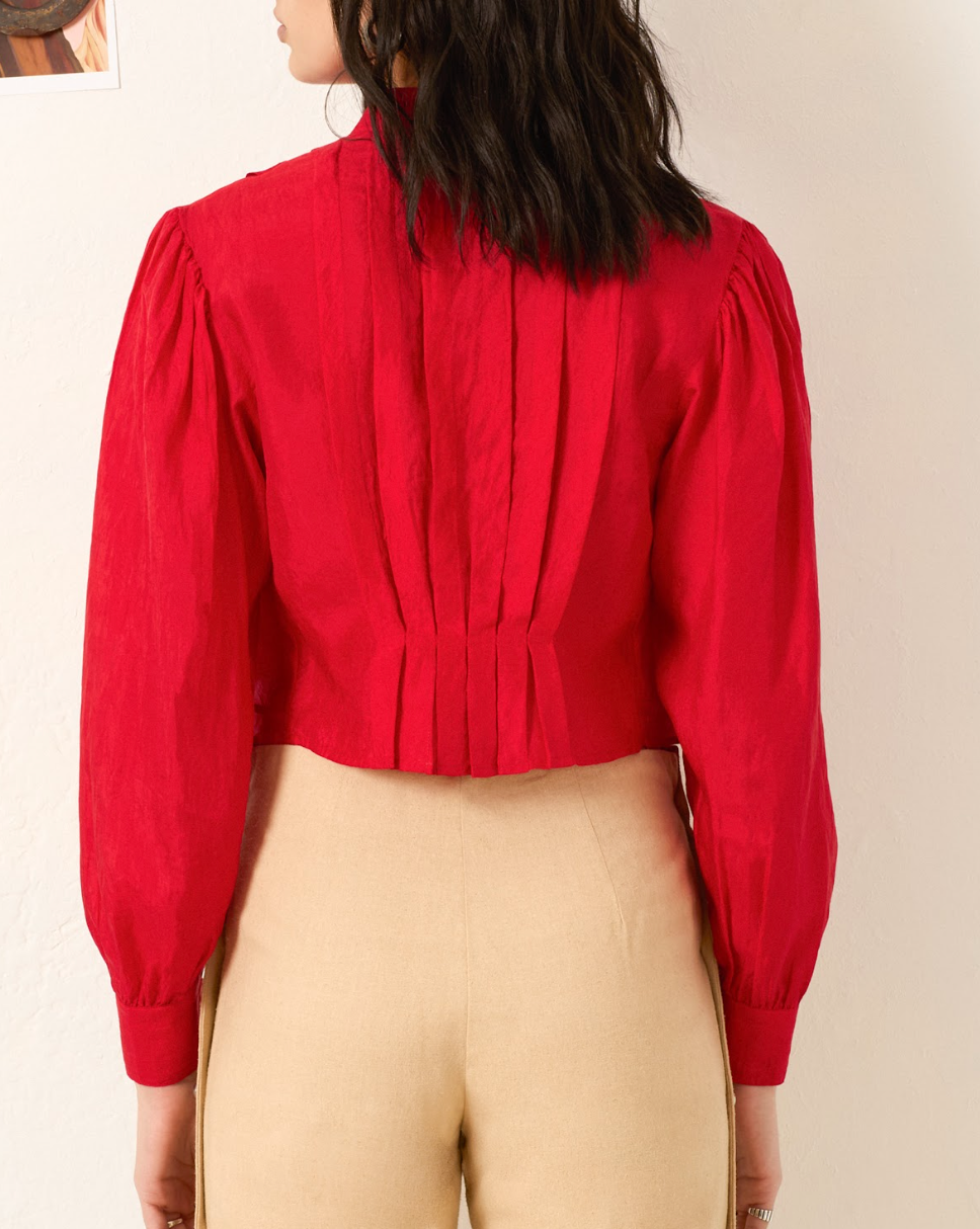 Person wearing Alix of Bohemia Ryland Scarlet Silk Shirt