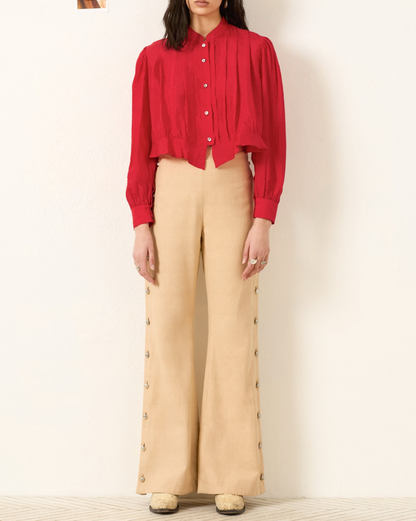 Person wearing Alix of Bohemia Ryland Scarlet Silk Shirt