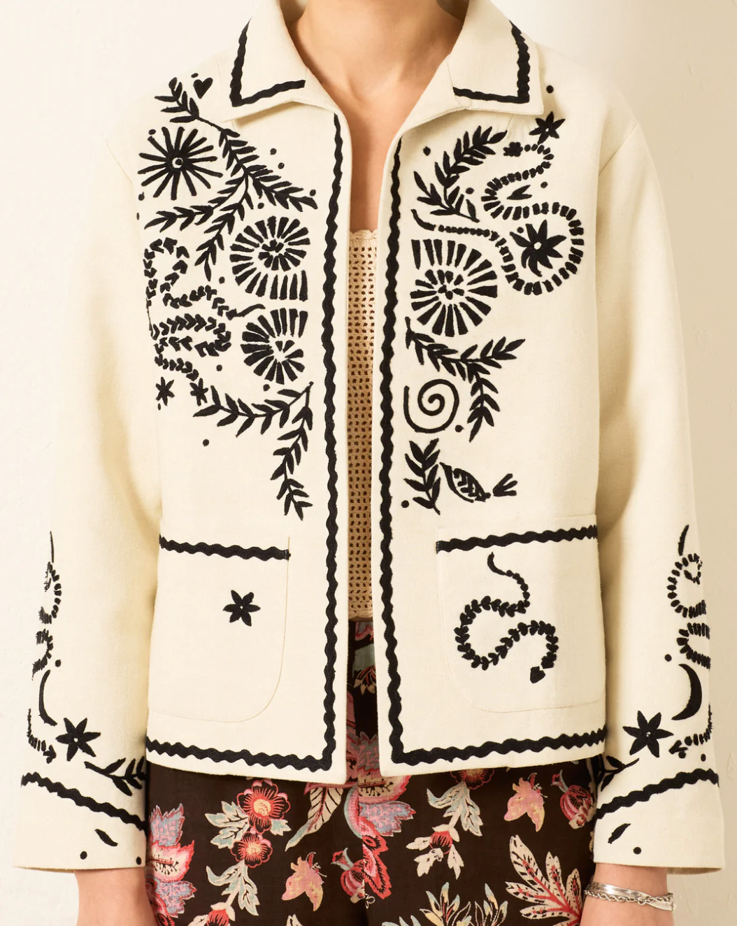 Person wearing Alix of Bohemia Silk Francis Bone Snake Jacket