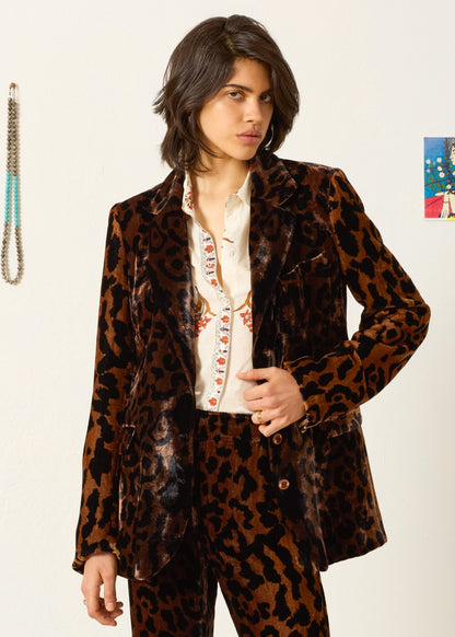 Person wearing Alix of Bohemia womens Afternoon Leopard Blazer velvet