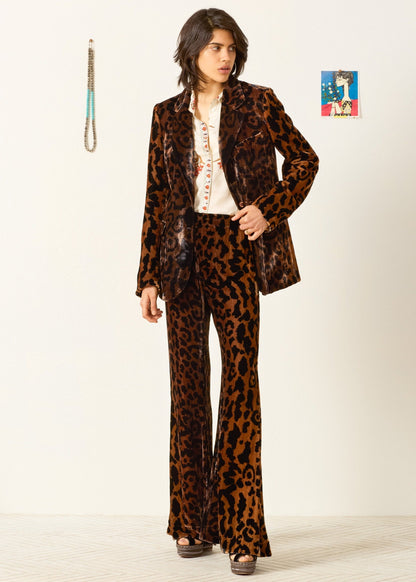 person wearing Alix of Bohemia womens Afternoon Leopard Blazer velvet and Farah Leopard Velvet Pant