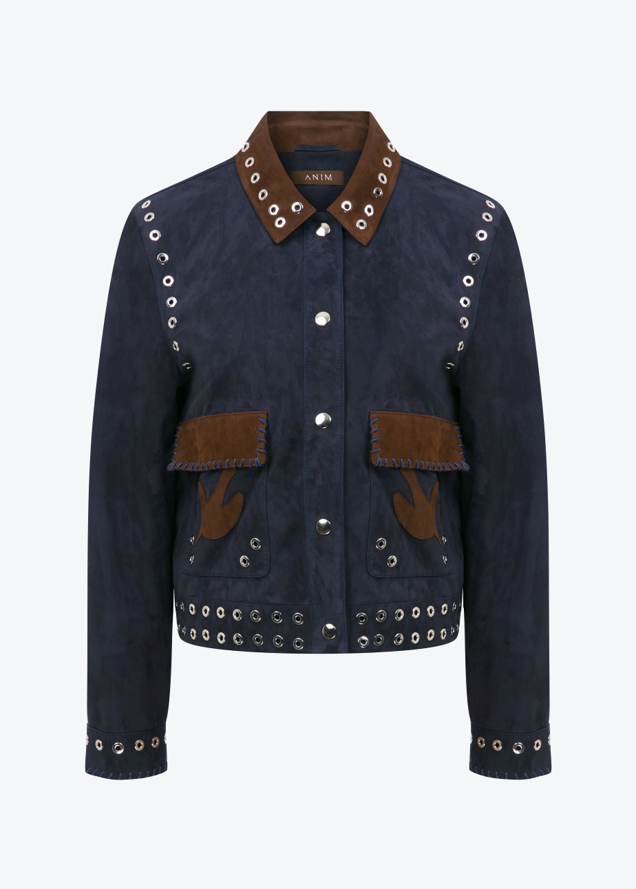 Anim womens MAVEN navy Collared Suede Jacket With Pockets, Embroidery AND Grommet Details