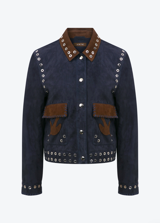 Anim womens MAVEN navy Collared Suede Jacket With Pockets, Embroidery AND Grommet Details