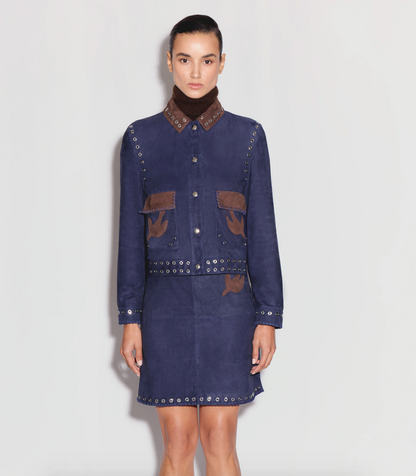 Person wearing Anim womens MAVEN navy Collared Suede Jacket With Pockets, Embroidery AND Grommet Details