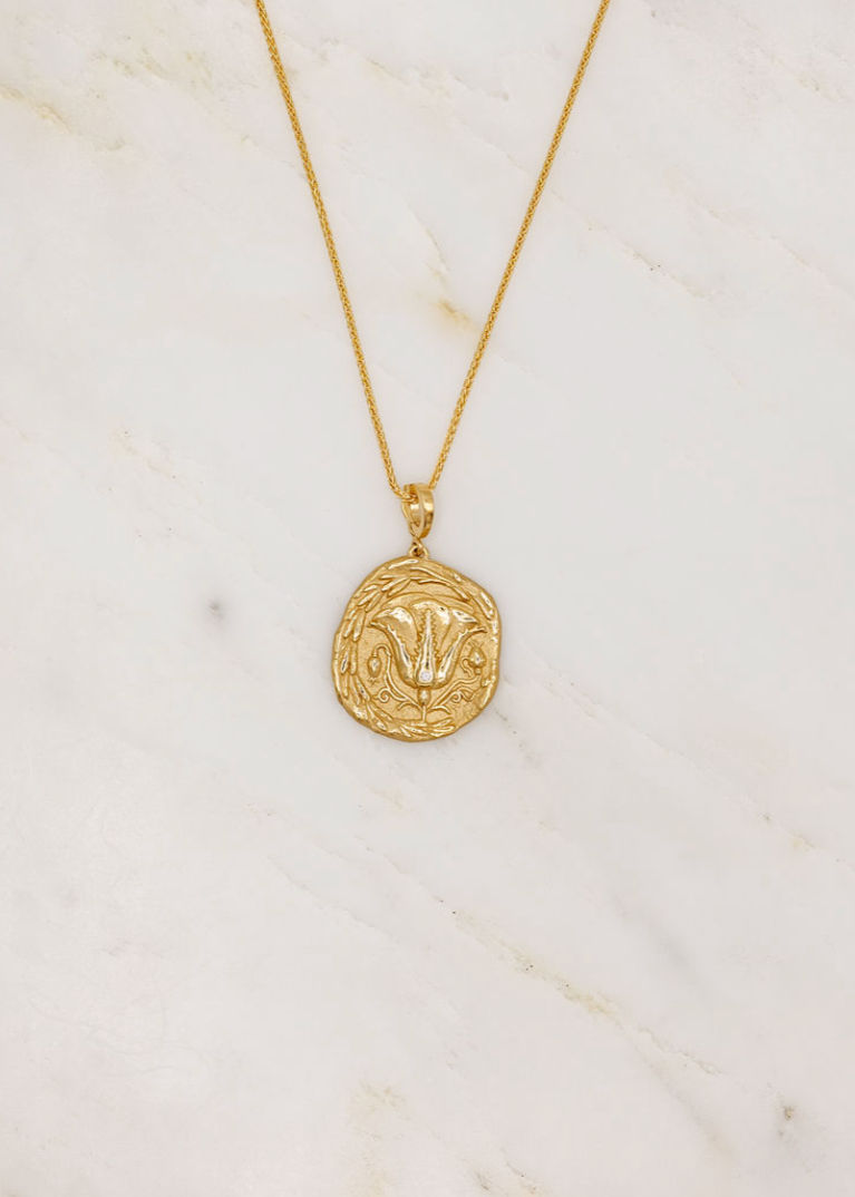 Azlee 18k Yellow Gold Of the Earth Large Diamond Coin Charm Thin Wheat Chain Necklace