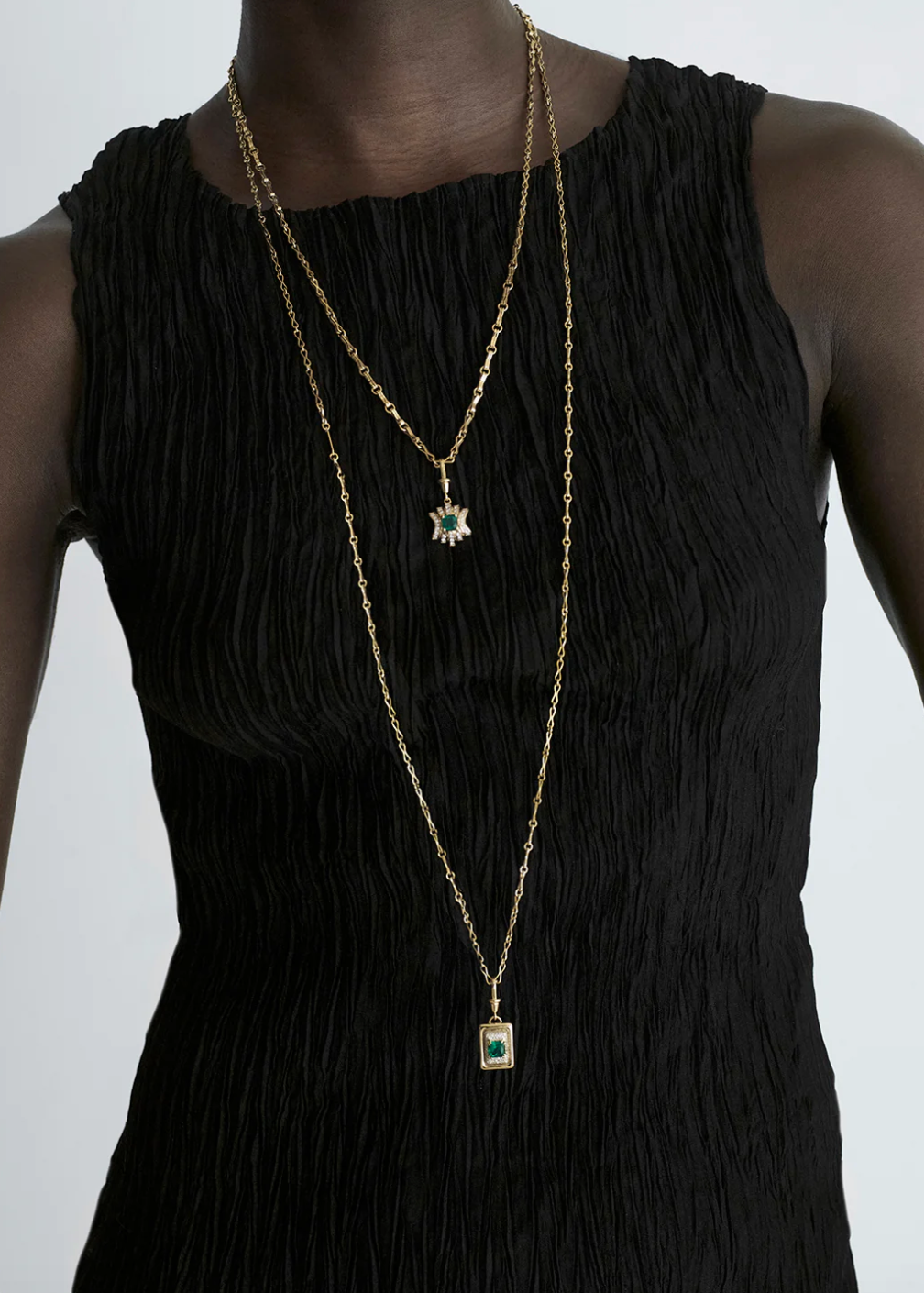 Person wearing Azlee 18k yellow gold Small Motif Double Link Diamond Pavé Toggle Chain
