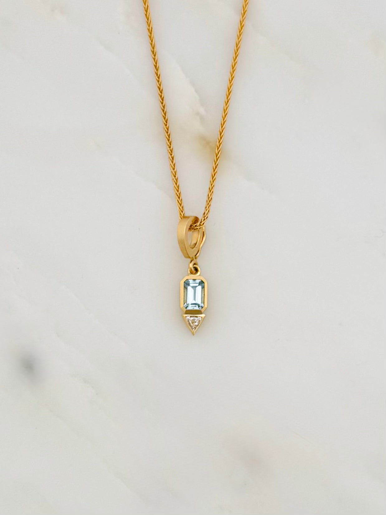 Azlee fine jewelry 18k yellow gold Aquamarine and Trillion Diamond Charm