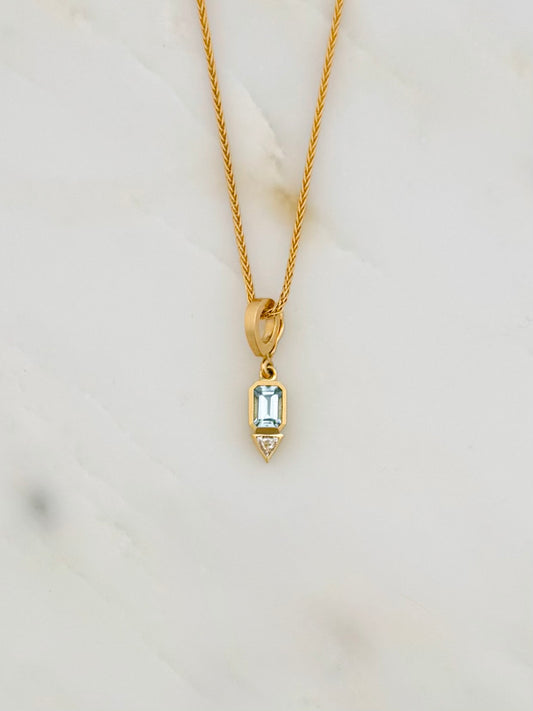 Azlee fine jewelry 18k yellow gold Aquamarine and Trillion Diamond Charm
