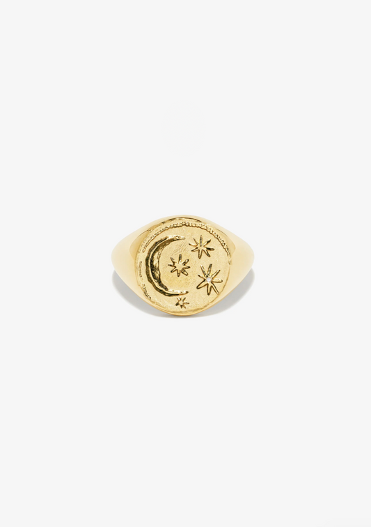Azlee fine jewelry 18k yellow gold Cosmic Signet Coin Ring
