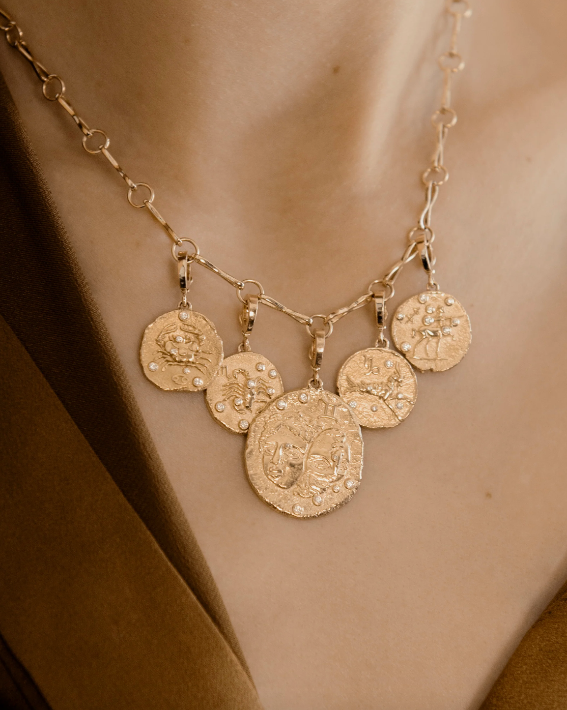 Person wearing Azlee fine jewelry 18k yellow gold Of the Stars Sagittarius Small Coin