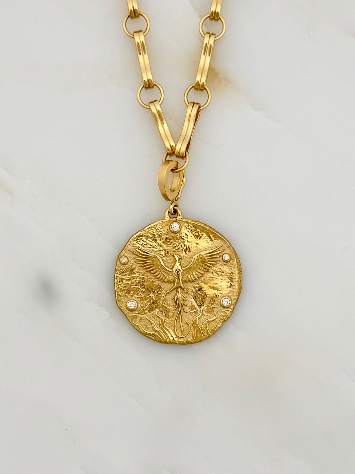 Azlee fine jewelry 18k yellow gold diamonds Revival Phoenix Rising Large Coin