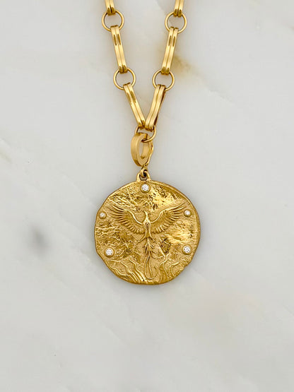 Azlee fine jewelry 18k yellow gold diamonds Revival Phoenix Rising Large Coin