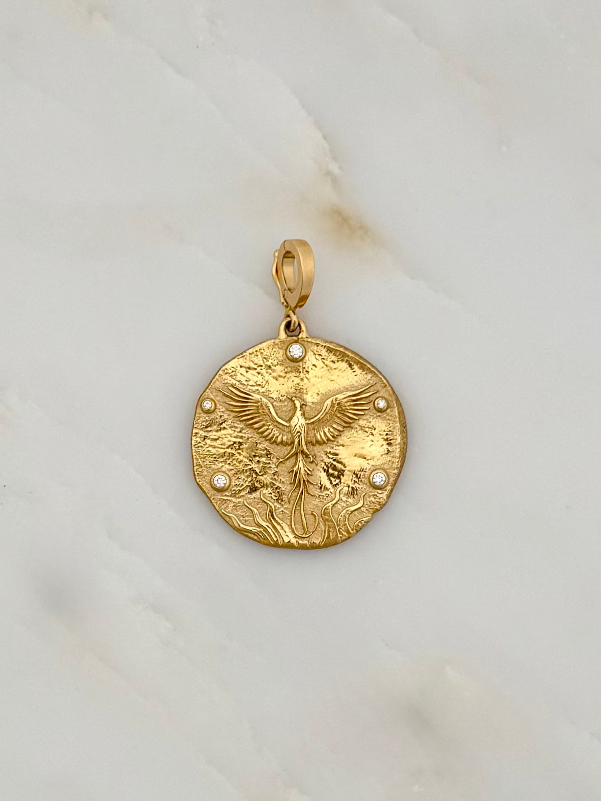 Azlee fine jewelry 18k yellow gold diamonds Revival Phoenix Rising Large Coin