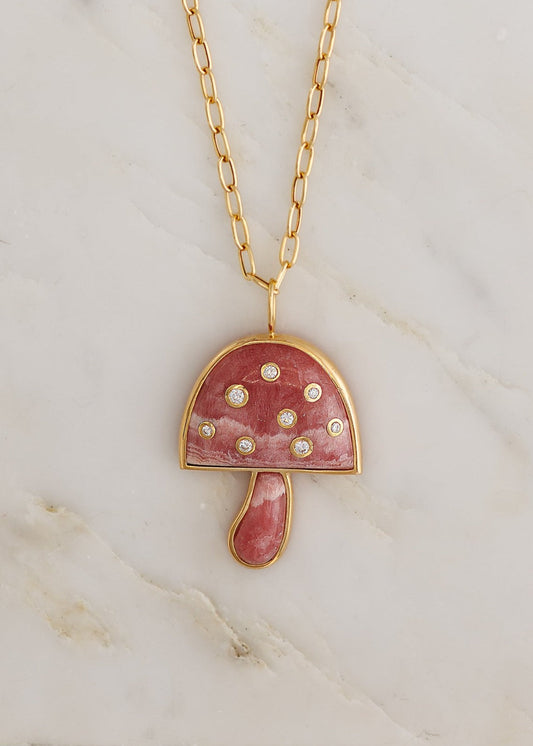 BRENT NEALE fine jewelry 18k yellow gold Large Magic Mushroom Pendant with Rhodochrosite and Diamonds