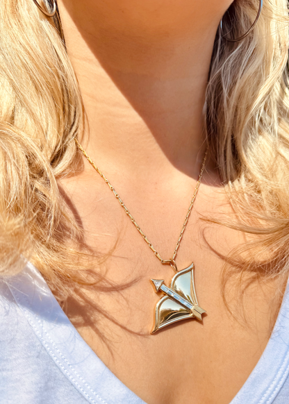 Person wearing Brent Neale fine jewelry 18k yellow gold diamond Large Sagittarius Zodiac Pendant Necklace