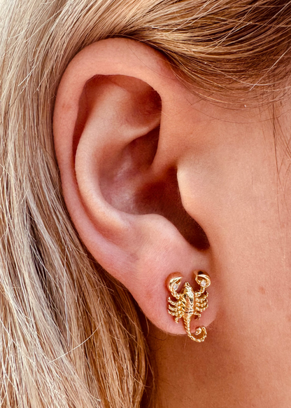 Person wearing Brent Neale fine jewelry 18k yellow gold diamond Zodiac Scorpio Studs