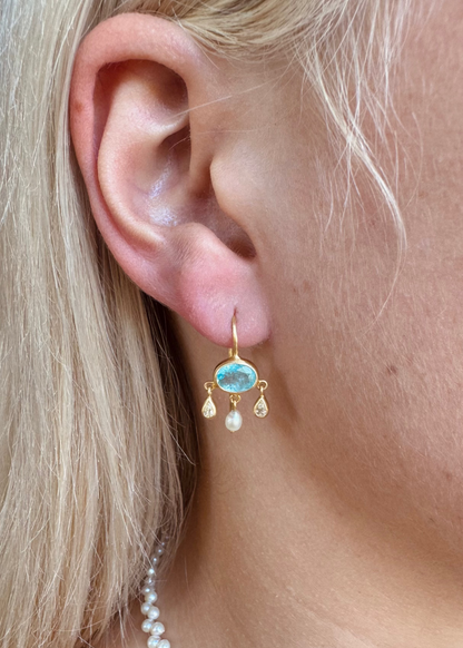 person wearing CAMILLE BEINHORN fine jewelry 22k yellow gold One-of-a-Kind Paraiba Tourmaline, Diamond & South Sea Keshi Pearl Girandole Earrings