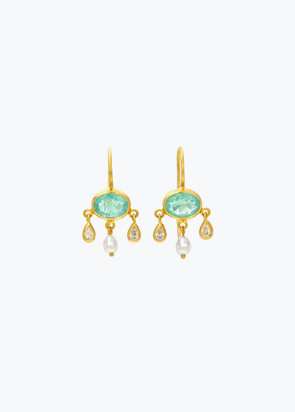 CAMILLE BEINHORN fine jewelry 22k yellow gold One-of-a-Kind Paraiba Tourmaline, Diamond & South Sea Keshi Pearl Girandole Earrings
