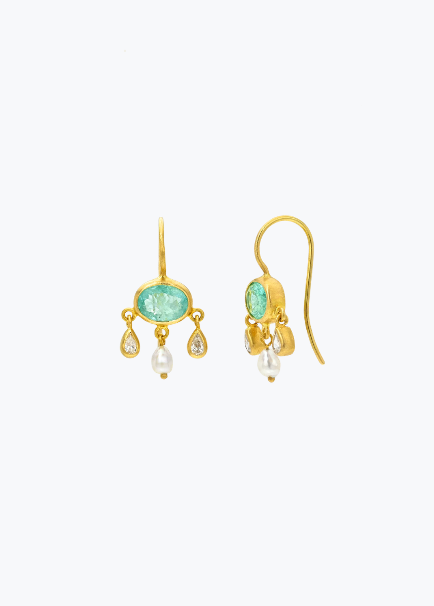 CAMILLE BEINHORN fine jewelry 22k yellow gold One-of-a-Kind Paraiba Tourmaline, Diamond & South Sea Keshi Pearl Girandole Earrings