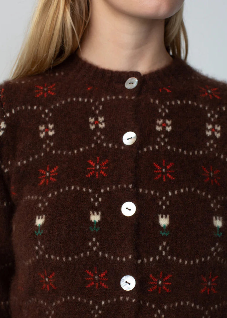 Person wearing Calle del Mar Western Fair Isle Cashmere Cardigan Chocolate brown