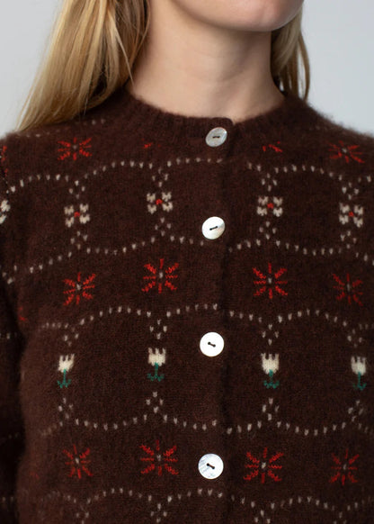 Person wearing Calle del Mar Western Fair Isle Cashmere Cardigan Chocolate brown