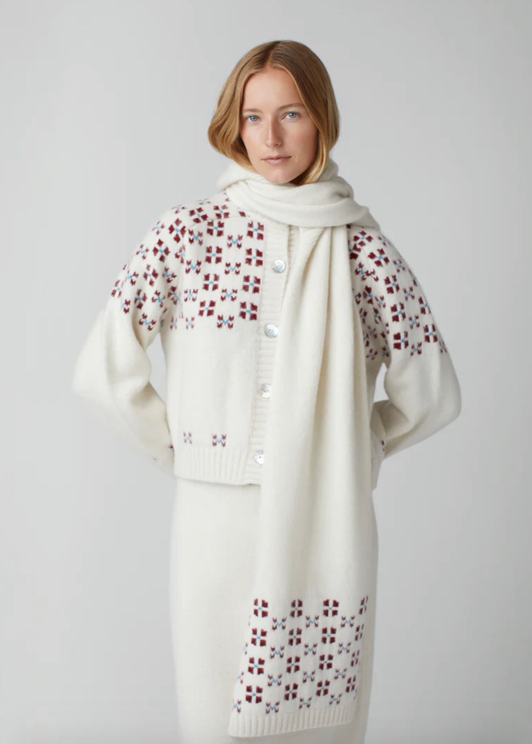 Person wearing Calle del Mar Winter Fair Isle Hoodie Scarf