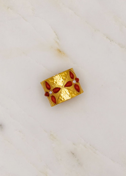 Cathy Waterman fine jewelry 22k yellow gold Coral and Pearl Wide Band