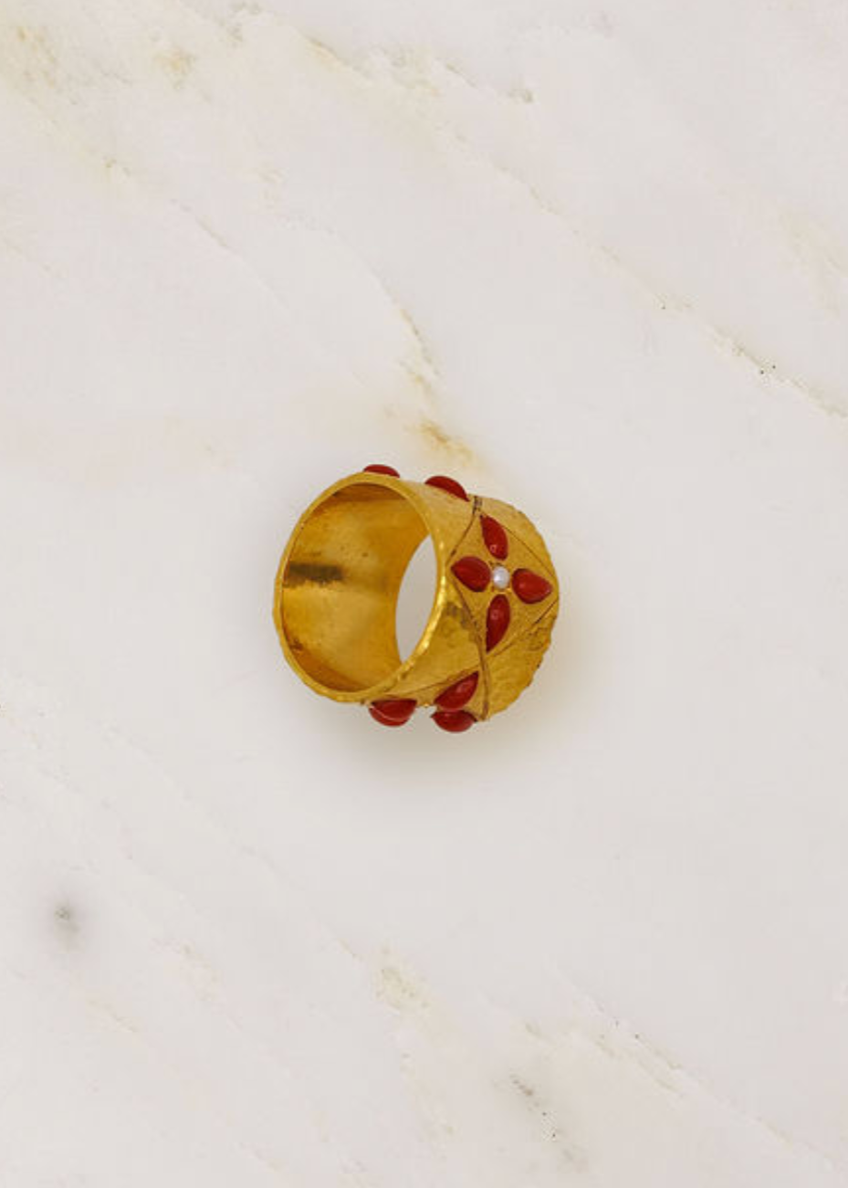 Cathy Waterman fine jewelry 22k yellow gold Coral and Pearl Wide Band