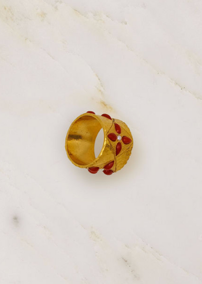 Cathy Waterman fine jewelry 22k yellow gold Coral and Pearl Wide Band