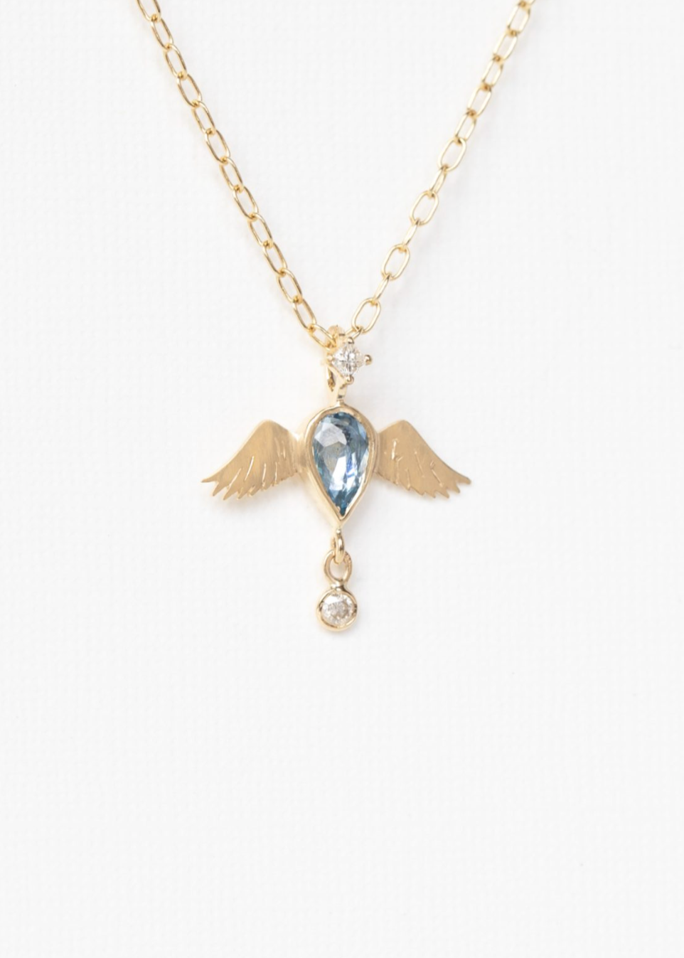 Celine Daoust 14k yellow gold 18 inch Aquamarine Pear and Diamonds Angel Necklace