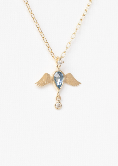 Celine Daoust 14k yellow gold 18 inch Aquamarine Pear and Diamonds Angel Necklace
