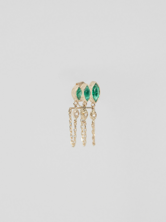 Celine Daoust fine jewelry 14k yellow gold Triple Marquise Emeralds & Diamond Eyes Single Chain Earring