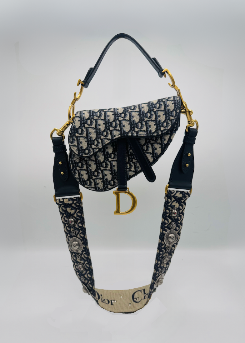 Christian Dior Oblique Jacquard Mini Saddle Bag with Embellished Shoulder Strap