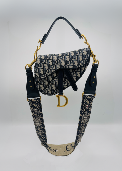 Christian Dior Oblique Jacquard Mini Saddle Bag with Embellished Shoulder Strap