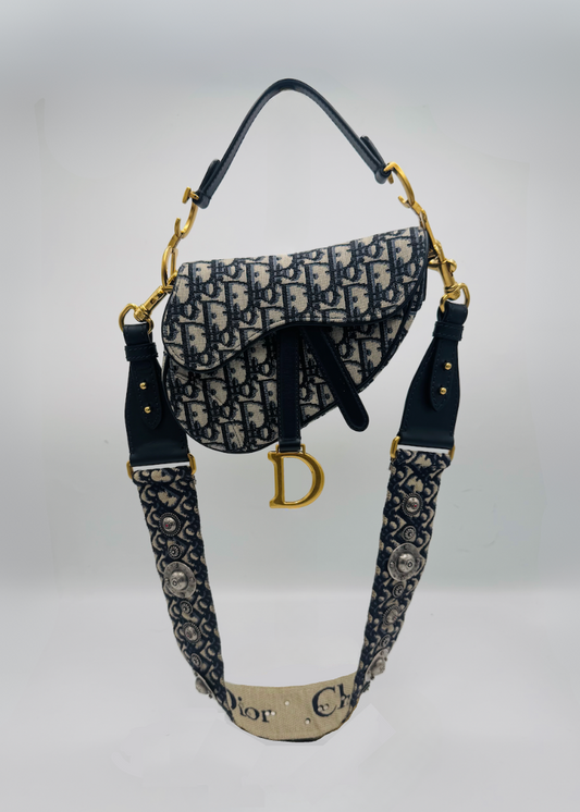 Christian Dior Oblique Jacquard Mini Saddle Bag with Embellished Shoulder Strap