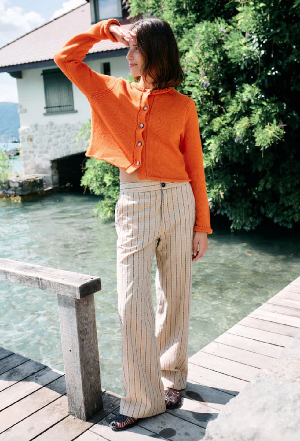 Person wearing Ciao Lucia Balthazar Yarn Dyed Pants Dune Stripe