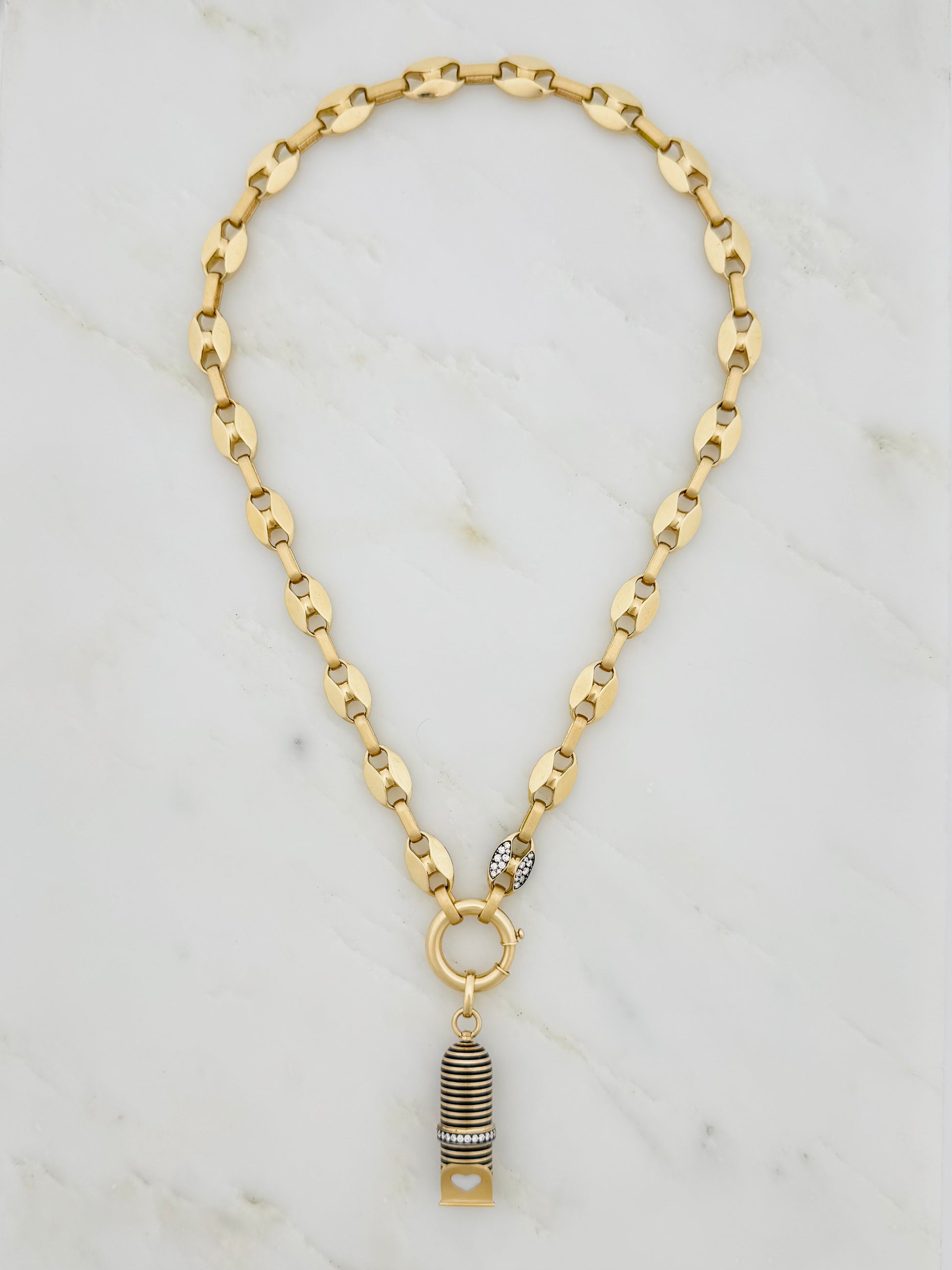 Circa 1700 fine jewelry 18k yellow gold Spinning Diamond & Enamel Whistle Tasliman Pendant