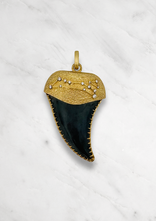 Circa 1700 fine jewelry 18k yellow gold diamond Leo Fossilized Shark Tooth Talisman Pendant