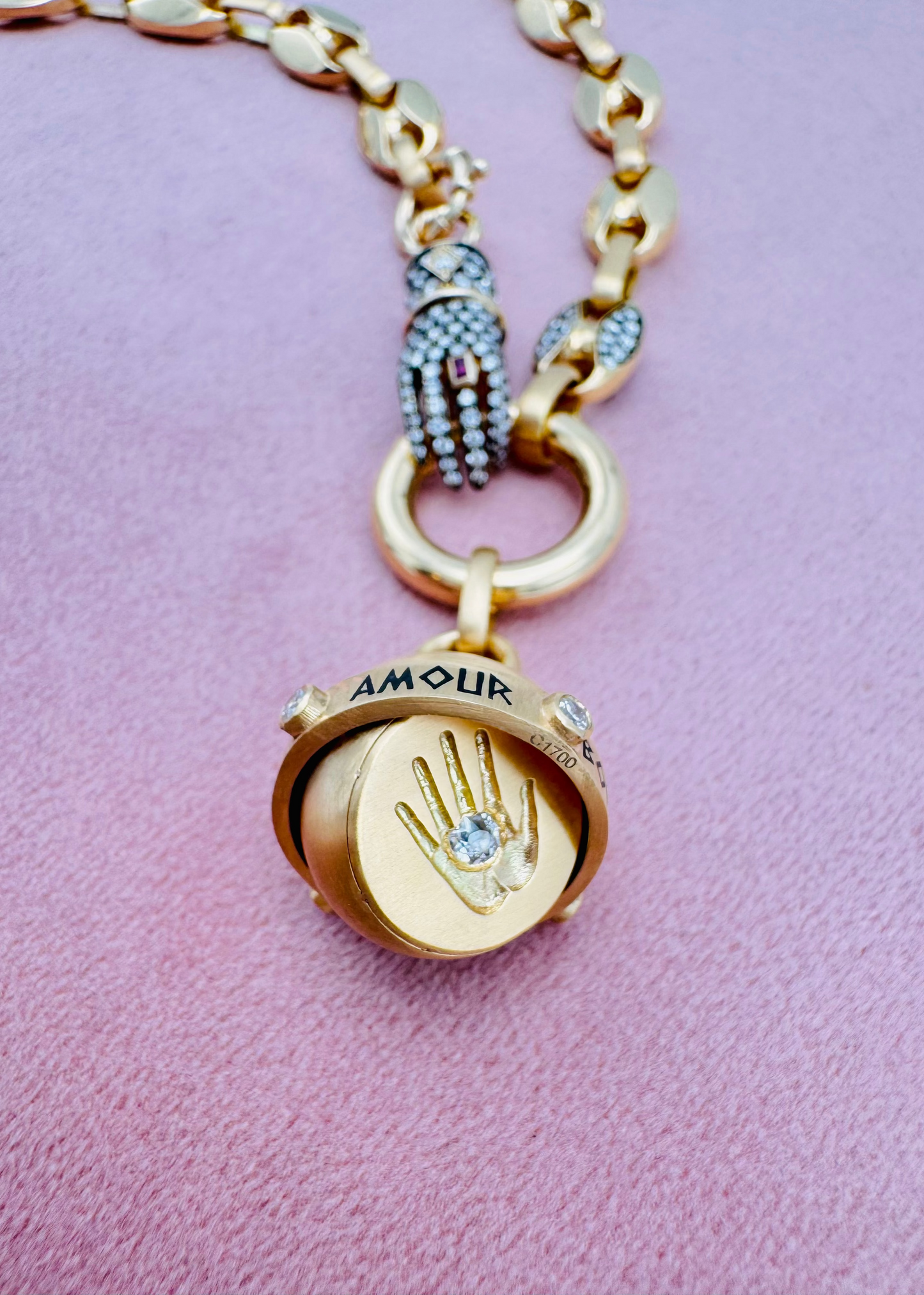 Circa 1700 fine jewelry 18k yellow gold diamond Love, Strength, Health & Happiness Secret Talisman Spinning Orb Pendant