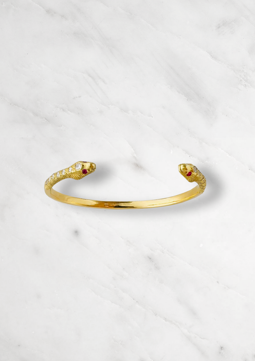 Circa 1700 fine jewelry 18k yellow gold diamond ruby Eternal Love Toi et Moi Snake Cuff Bracelet