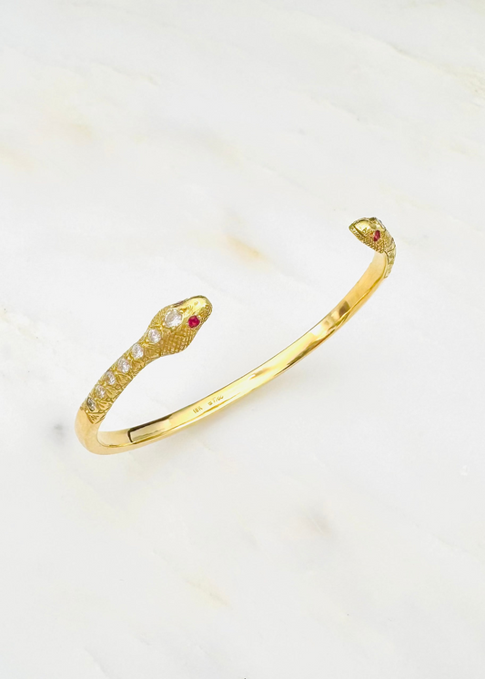 Circa 1700 fine jewelry 18k yellow gold diamond ruby Eternal Love Toi et Moi Snake Cuff Bracelet