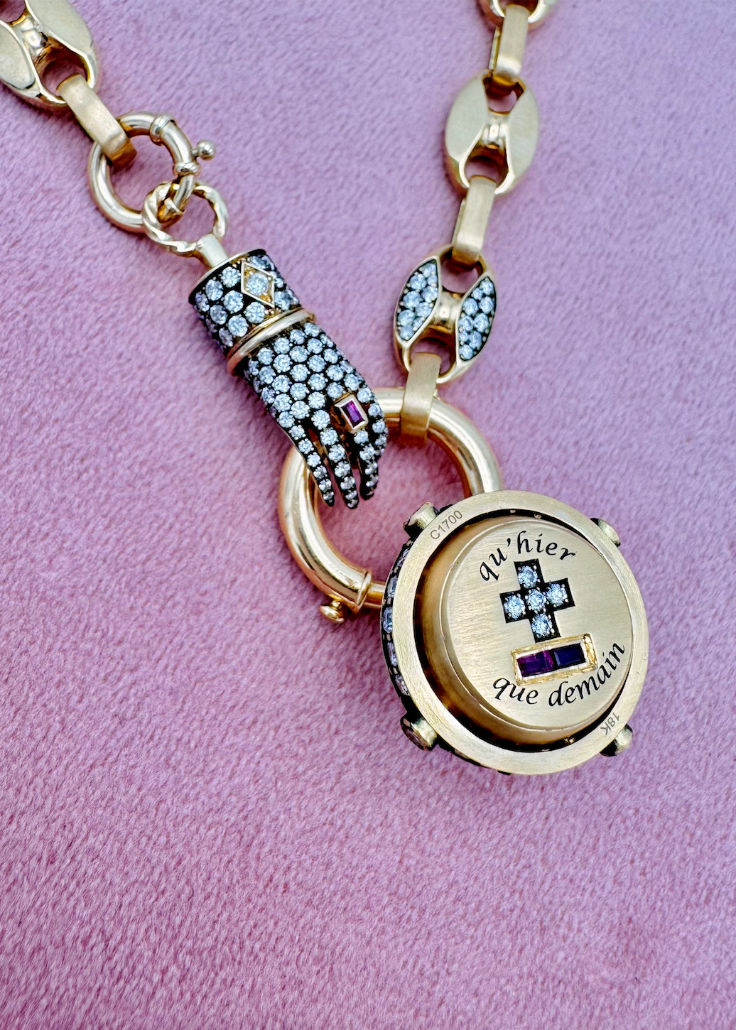 Circa 1700 fine jewelry 18k yellow gold diamond ruby Qu'hier Que Demain Secret Talisman Spinning Orb Pendant