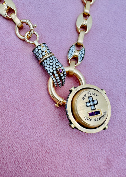 Circa 1700 fine jewelry 18k yellow gold diamond ruby Qu'hier Que Demain Secret Talisman Spinning Orb Pendant