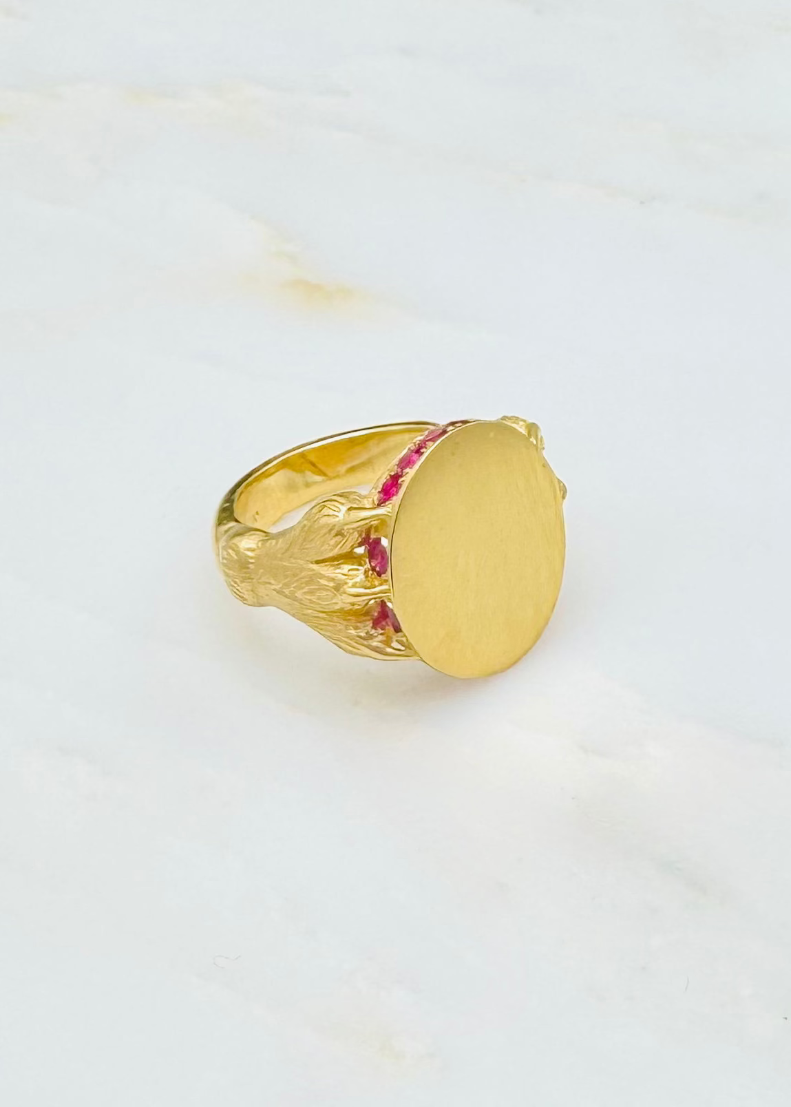 Circa 1700 fine jewelry 18k yellow gold pink ruby Claw in the Love Signet