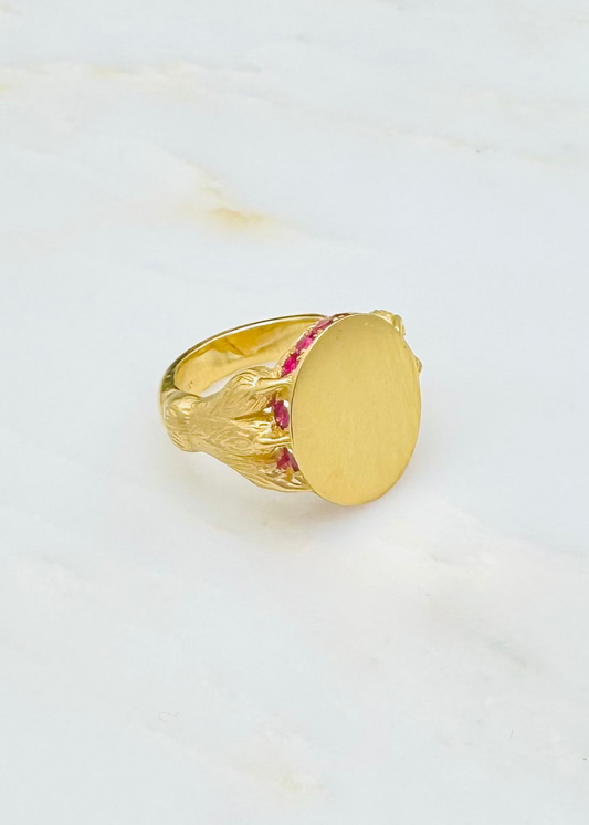 Circa 1700 fine jewelry 18k yellow gold pink ruby Claw in the Love Signet